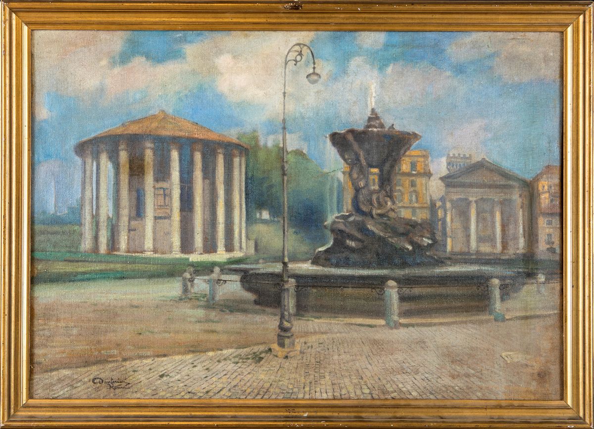 Dante Ricci - Veduta del Foro Boario con la Fontana dei Tritoni e i Tempi di Ercole Vincitore e d...