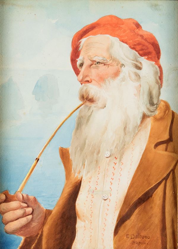 Eduardo Dalbono - Vecchio pescatore con faraglioni in lontananza