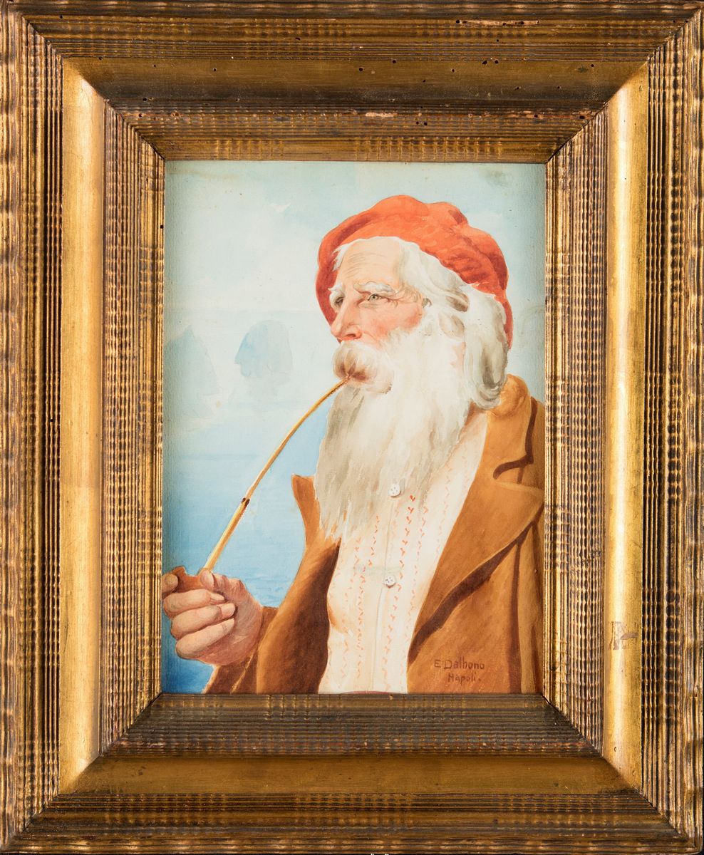 Eduardo Dalbono - Vecchio Pescatore con Faraglioni in Lontananza