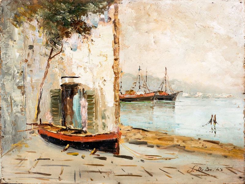 Sergio Nicolò De Bellis - Scorcio Marino con Barca in Secca e Velieri