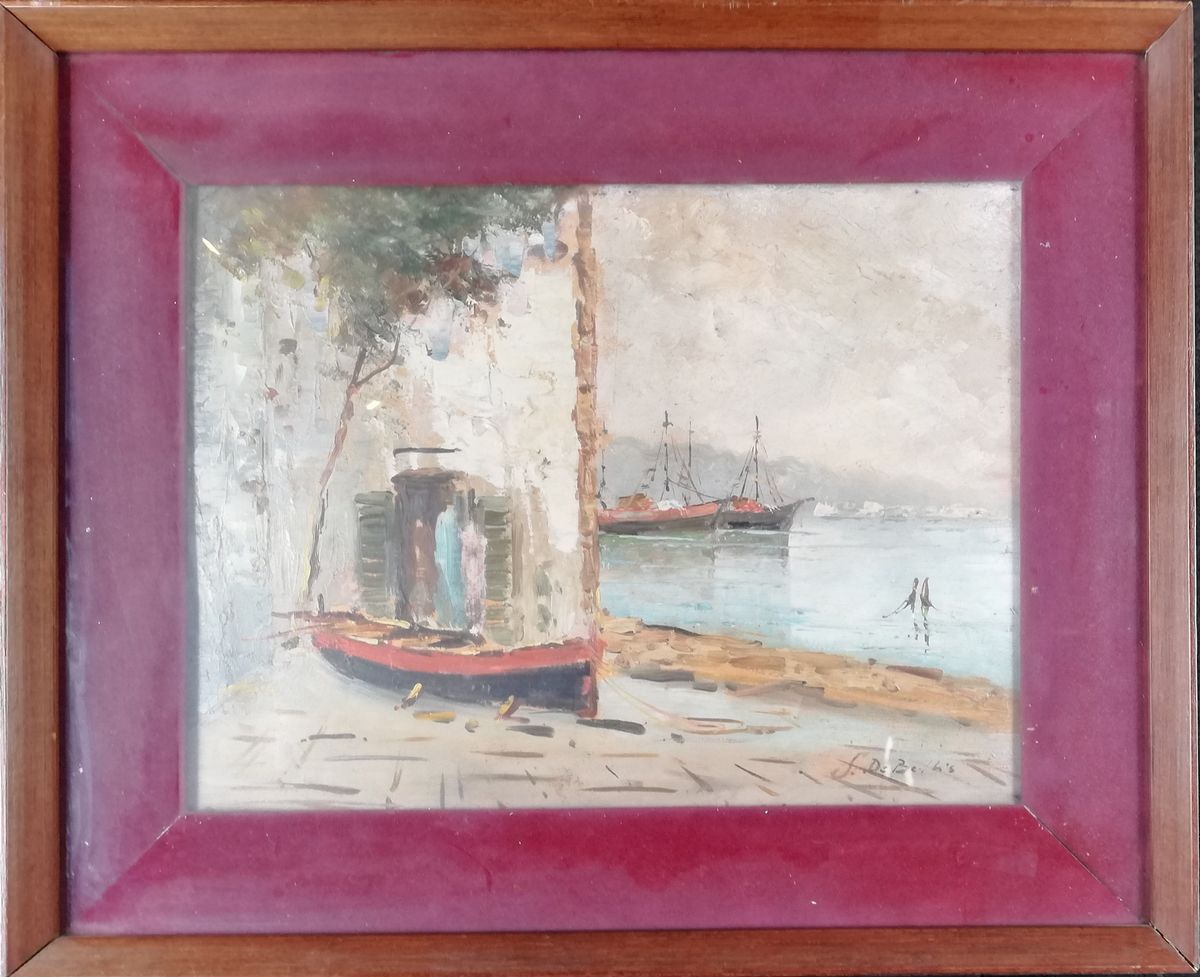 Sergio Nicolò De Bellis - Scorcio Marino con Barca in Secca e Velieri