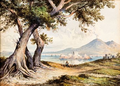 Veduta del Vesuvio da Castellammare di Stabia con lo Scoglio di Rovigliano