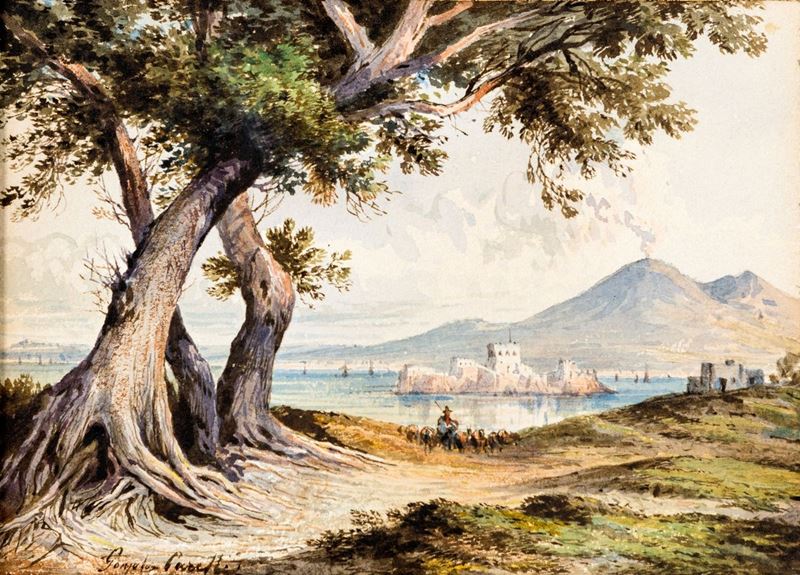 Consalvo Carelli - Veduta del Vesuvio da Castellammare di Stabia con lo Scoglio di Rovigliano