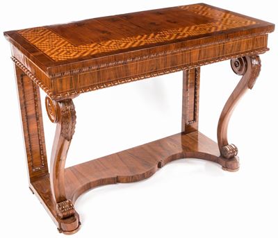 Console in Noce D'epoca Carlo X con Filettature ed Intarsi in Legni di Frutto, 1830 Ca.
