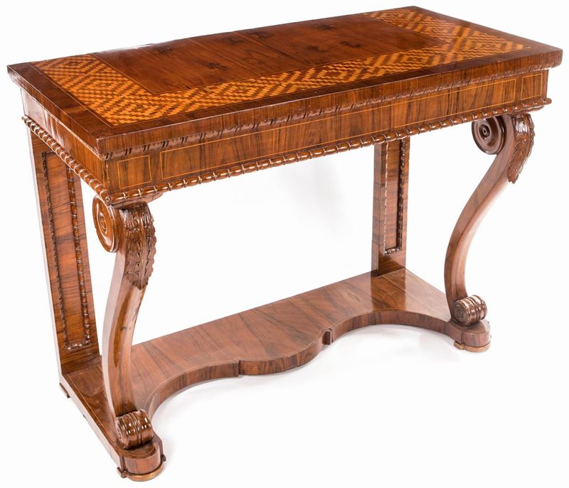 Console in Noce D'epoca Carlo X con Filettature ed Intarsi in Legni di Frutto, 1830 Ca.