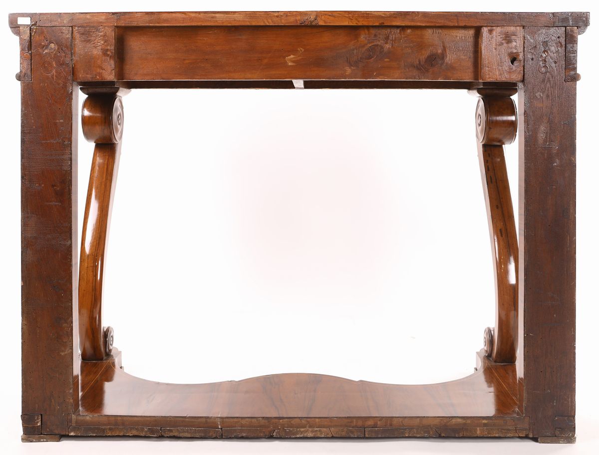Console in Noce D'epoca Carlo X con Filettature ed Intarsi in Legni di Frutto, 1830 Ca.