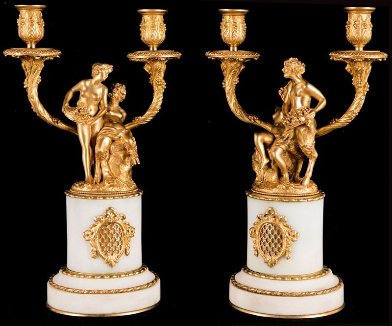 Coppia di Doppieri in Bronzo Dorato e Marmo Bianco, XIX Secolo
