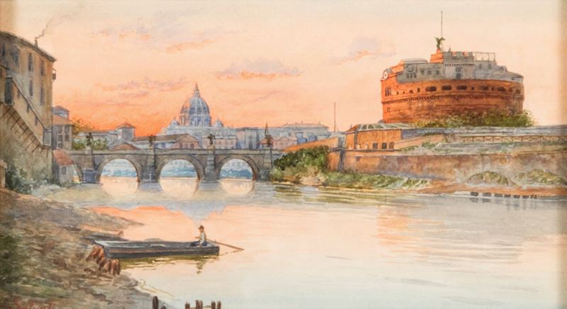 Pittore del XIX Secolo - Veduta del Tevere e Castel Sant'angelo al Tramonto
