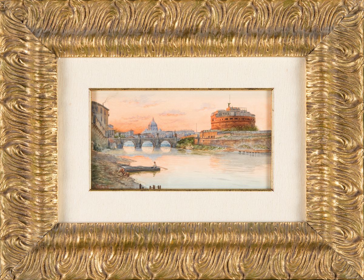 Pittore del XIX Secolo - Veduta del Tevere e Castel Sant'angelo al Tramonto