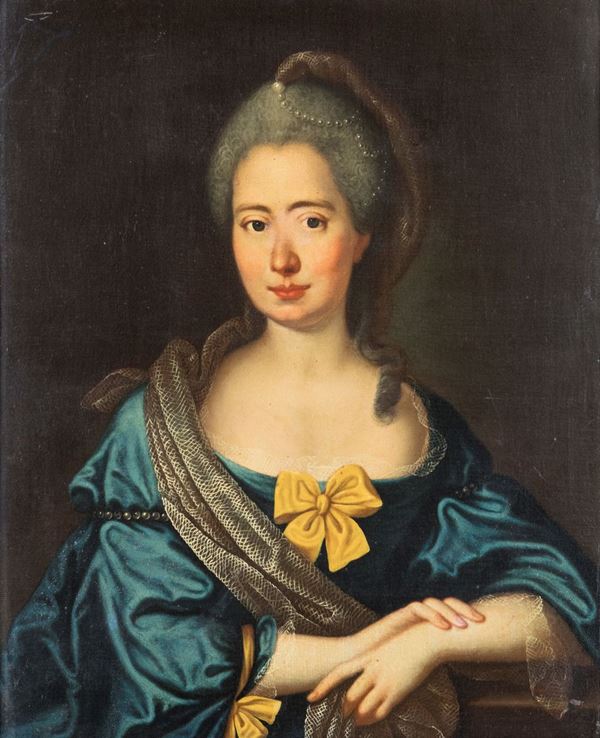 Pittore del XVIII secolo - Ritratto di gentildonna con abito blu e perle fra i capelli