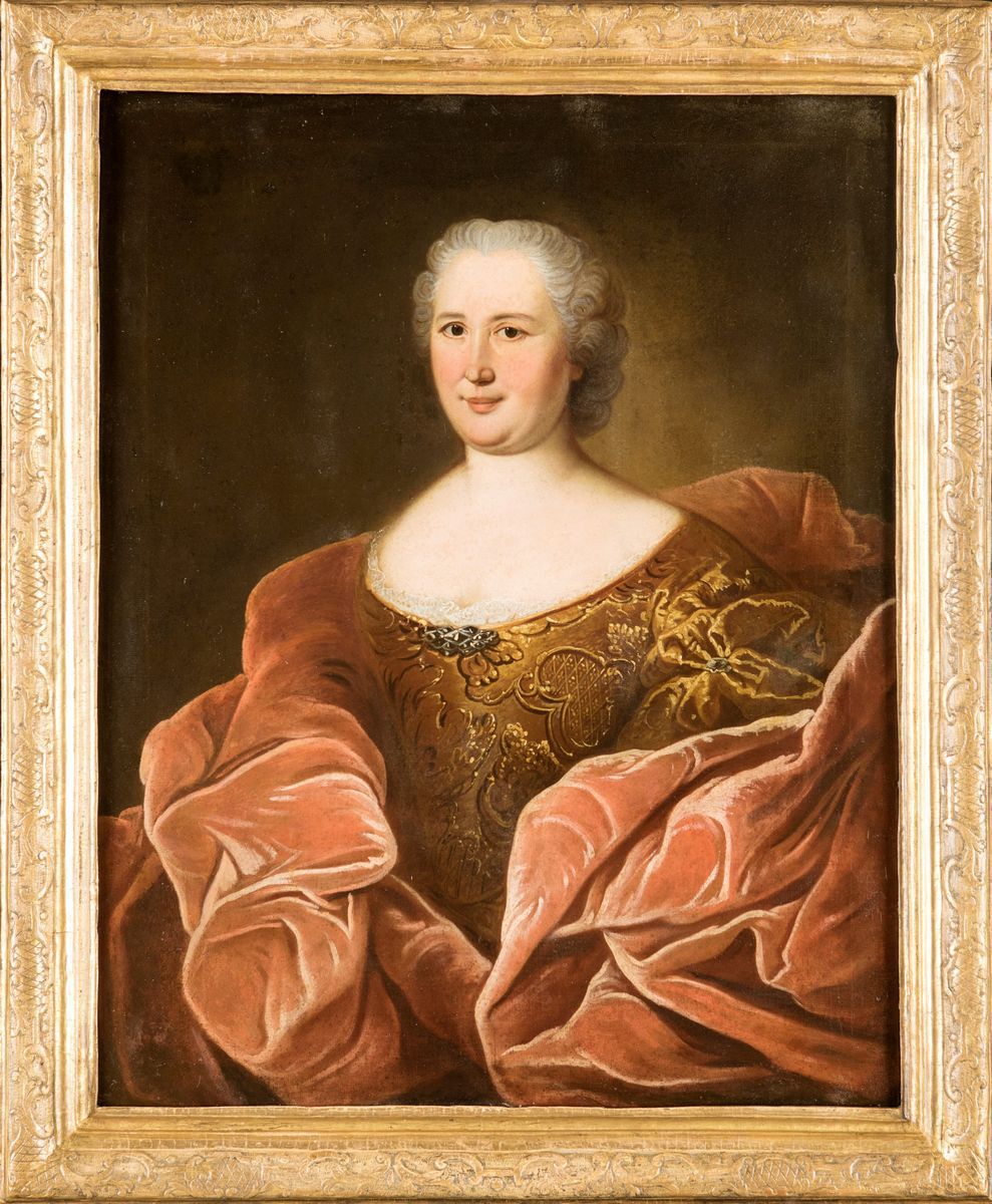 Pittore del XVIII Secolo - Ritratto di Gentildonna con Morbida Stola in Velluto Rosso
