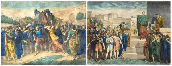 Bartolomeo Pinelli - a) Bruto condanna i suoi figli Tito e Tiberio a morte come complici di congiura  b) Orazio ritornando vincitore dei Curiazii, uccide sua sorella