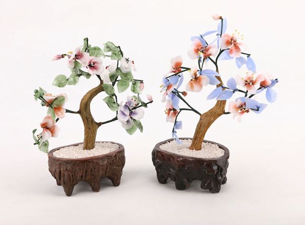 Coppia di bonsai in gres, cristalli burattati e paste vitree, Repubblica Popolare Cinese