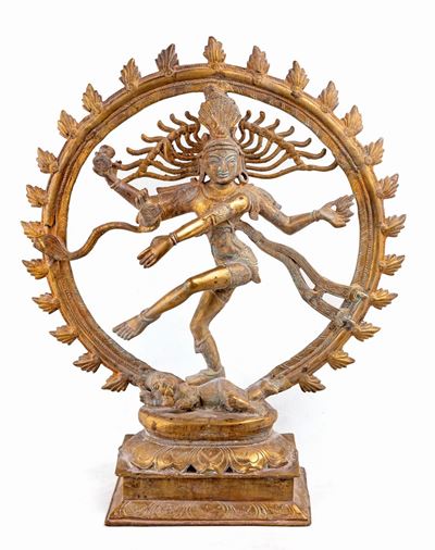 Antica Figura di Nataraja, lo Shiva Danzante, in Bronzo Dorato, India