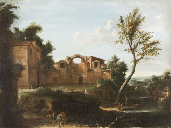 Pittore Romano del XVIII secolo - Paesaggio con edifici e figure