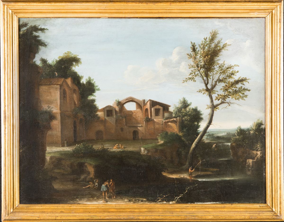 Pittore Romano del XVIII Secolo - Paesaggio con Edifici e Figure
