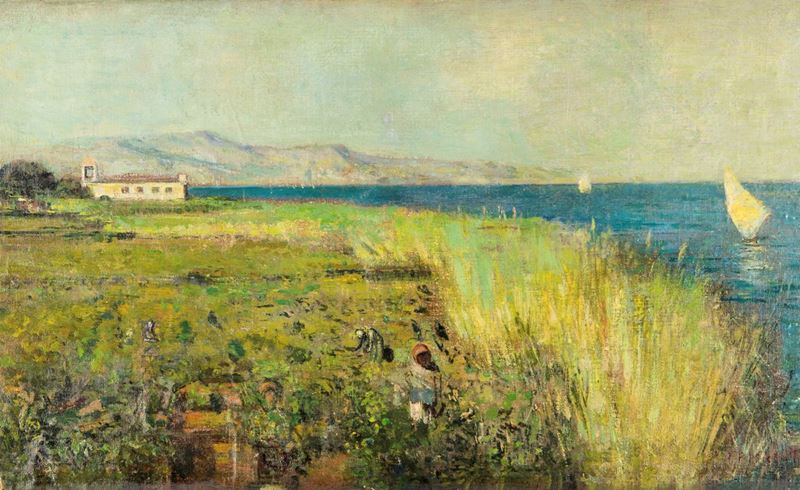 Francesco Paolo Michetti - Veduta Costiera di Francavilla a Mare con Figure e Barche a Vela