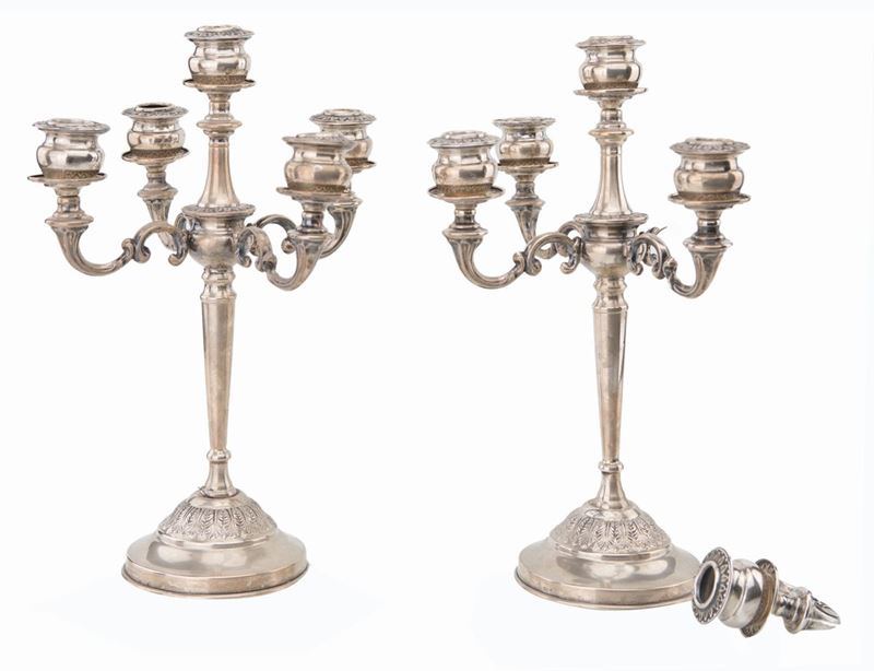 Coppia di Candelabri in Argento 800 a Cinque Luci