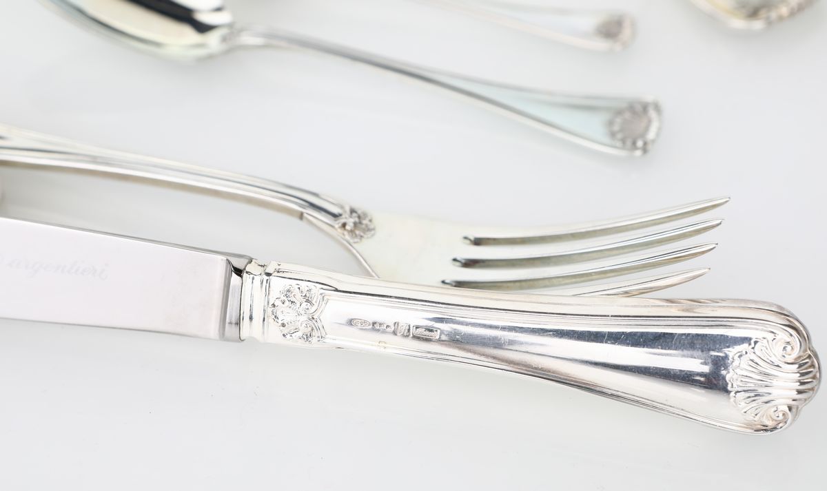 Servizio di Posate in Argento 800 per Dodici Posti, Argentiere Ricci, Modello Cellini