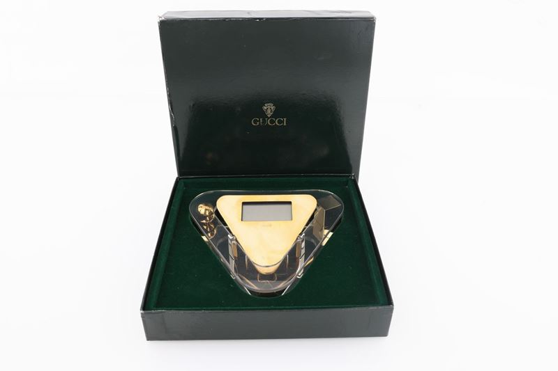 Gucci, Orologio al Quarzo da Tavolo in Acciaio, Acciaio Dorato e Plexiglass