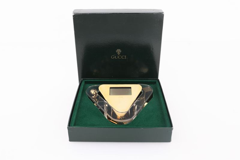Gucci, Orologio al Quarzo da Tavolo in Acciaio, Acciaio Dorato e Plexiglass