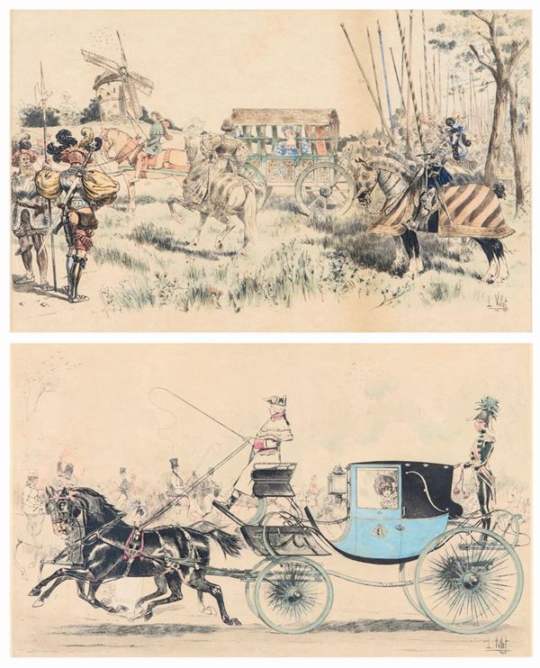 Louis Vallet - a) Carrozza trainata da cavalli sull'Avenue de Longchamp  b) Donna in carrozza e cavalieri in armi