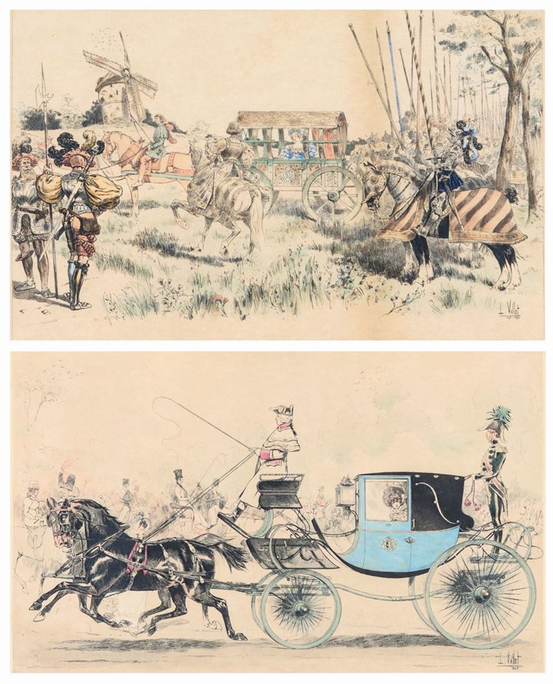 Louis Vallet - A) Carrozza Trainata da Cavalli Sull'avenue De Longchamp B) Donna in Carrozza e Ca...