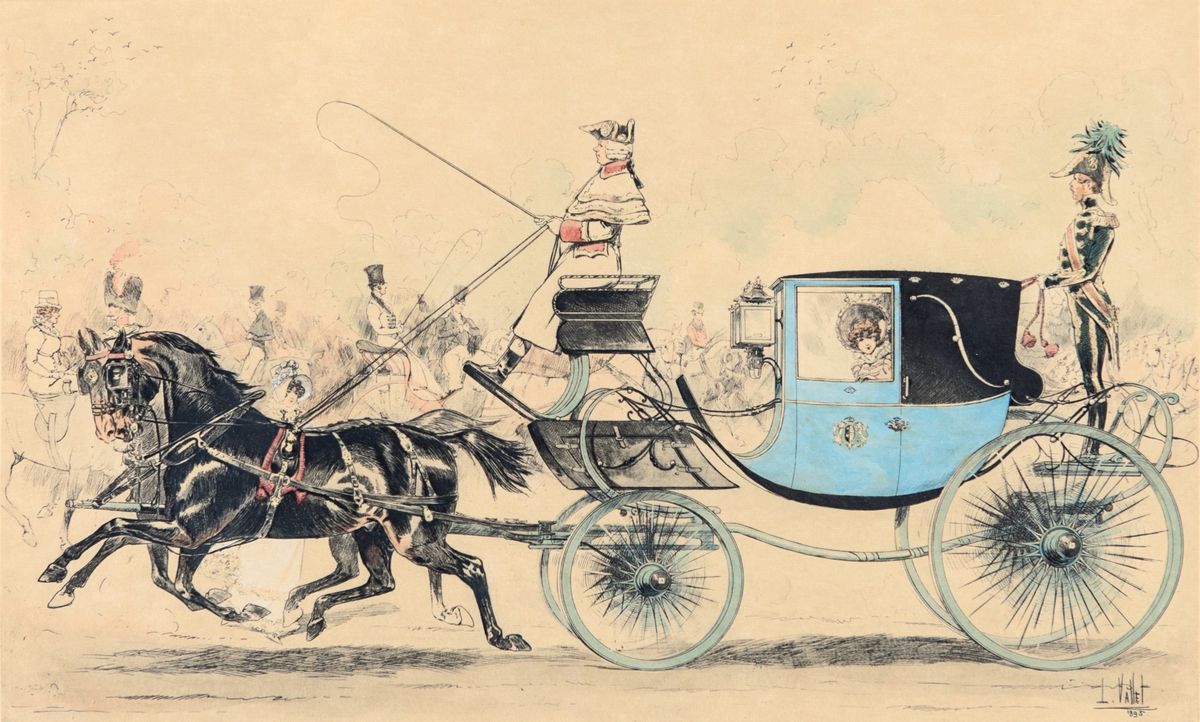 Louis Vallet - A) Carrozza Trainata da Cavalli Sull'avenue De Longchamp B) Donna in Carrozza e Ca...