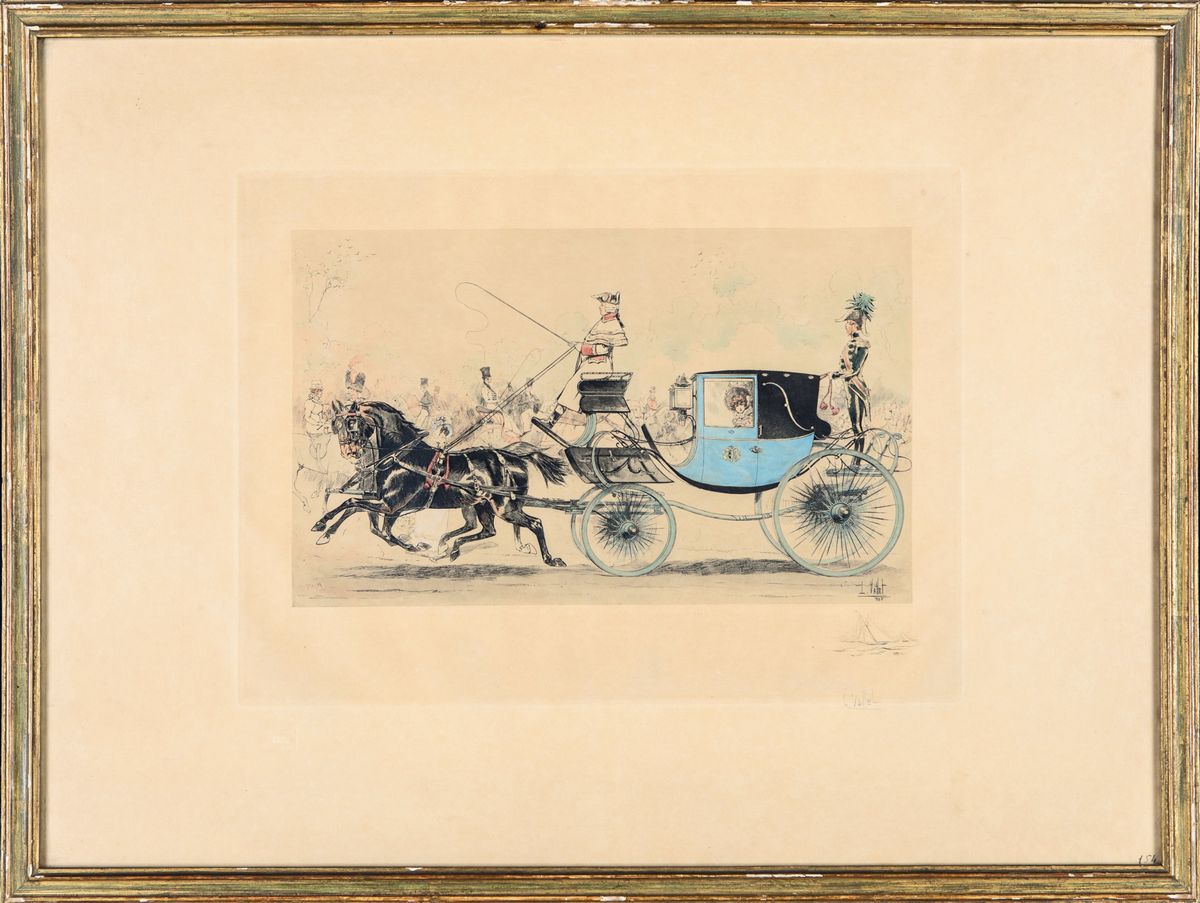 Louis Vallet - A) Carrozza Trainata da Cavalli Sull'avenue De Longchamp B) Donna in Carrozza e Ca...
