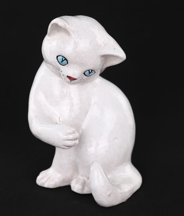 Gatto in ceramica policroma, manifattura italiana