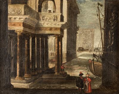 Capriccio Architettonico con Figure e Galeone