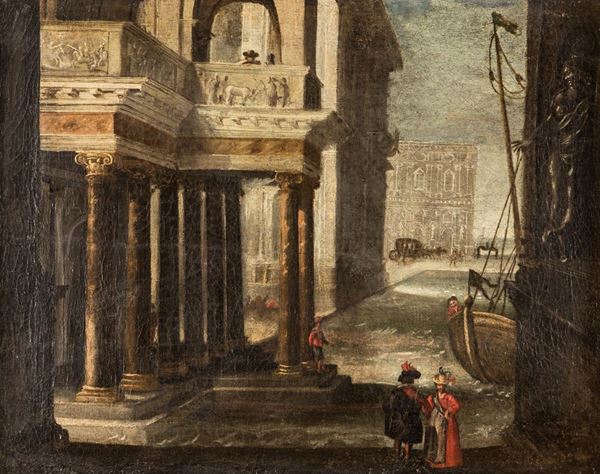 Anonimo del XVIII secolo - Capriccio architettonico con figure e galeone
