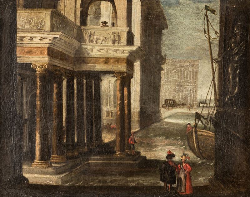 Anonimo del XVIII Secolo - Capriccio Architettonico con Figure e Galeone