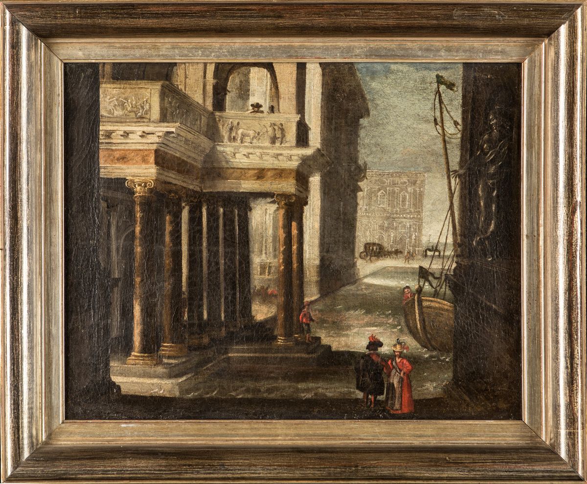 Anonimo del XVIII Secolo - Capriccio Architettonico con Figure e Galeone