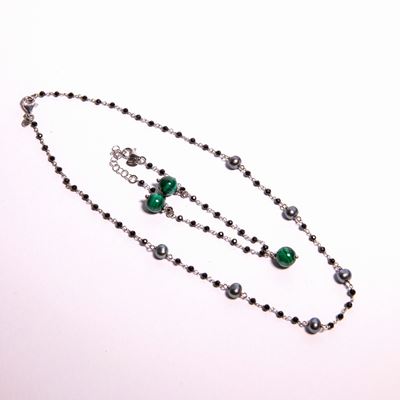 Parure Collana e Bracciale in Argento, Onice Perle Grigie e Malachite.