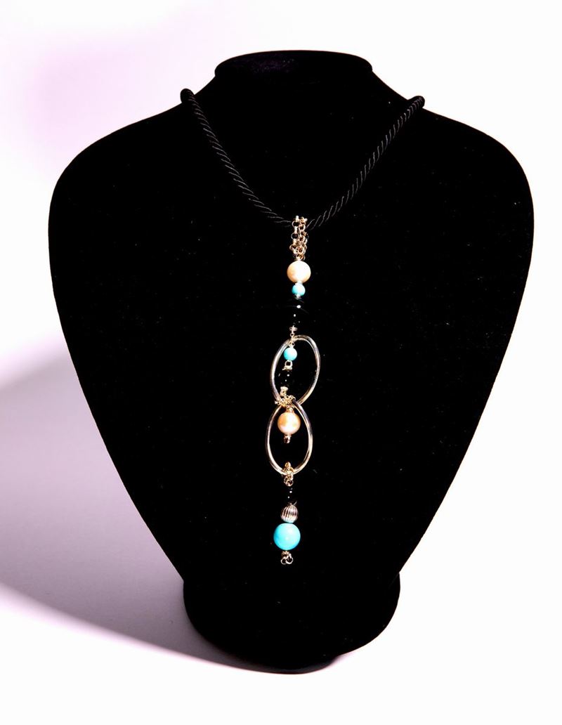 Collana in Argento, Perle ,onice e Turchese Ricostruito.