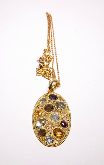 Collana con Pendente in Argento Dorato e Quarzi