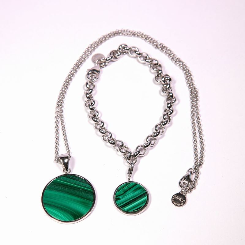Bianca, Parure con Girocollo e Bracciale in Argento Placcato Platino e Malachite