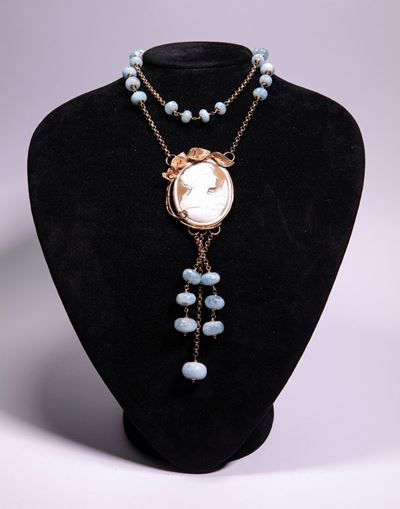 Collana in Argento Dorato, Cammeo e Calcedonio