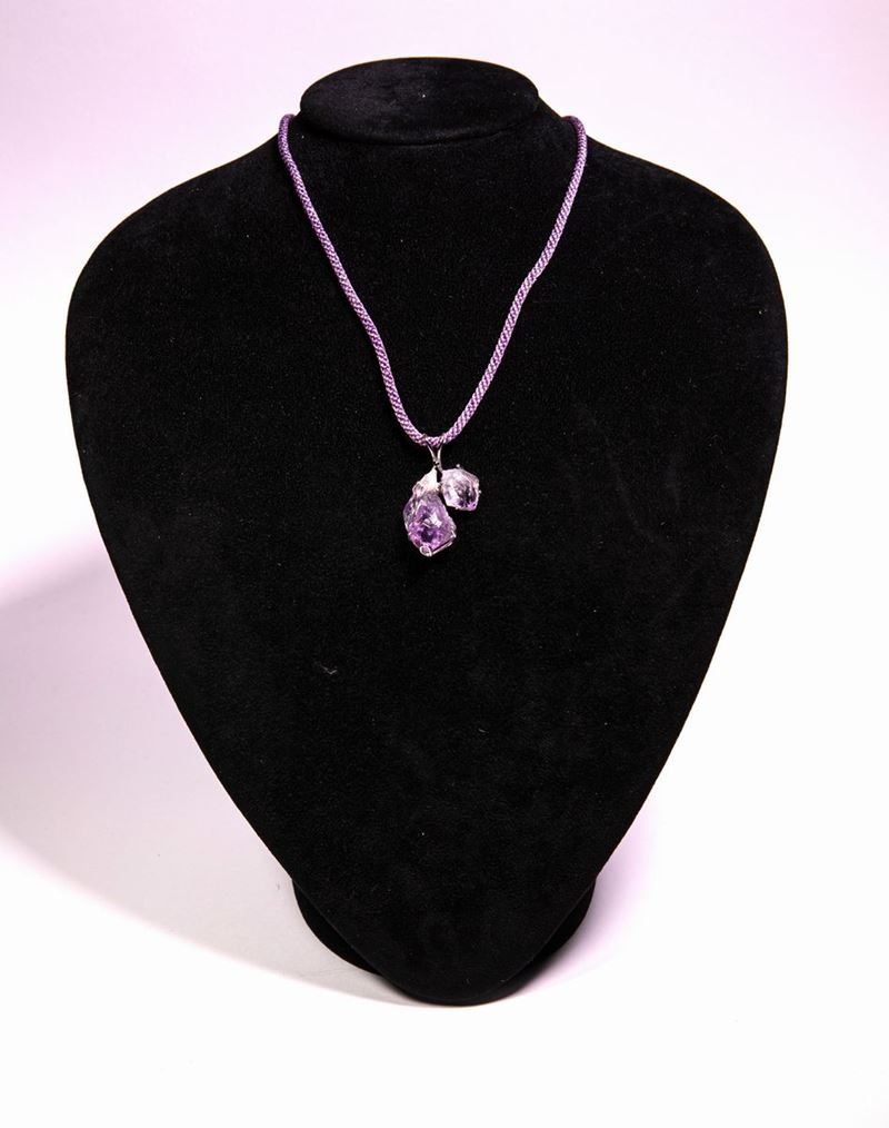 Collana con Pendente Ametista Grezza, Collana Laccio in Seta