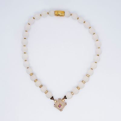 Collana in Oro e Cristallo di Rocca Satinato, Tormalina Rosa e Brillanti