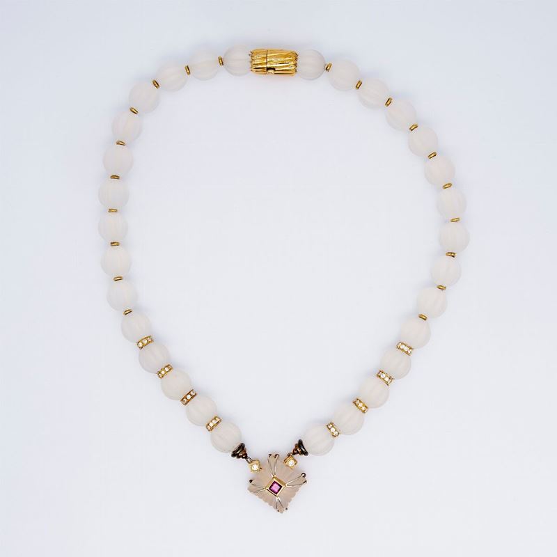 Collana in Oro e Cristallo di Rocca Satinato, Tormalina Rosa e Brillanti