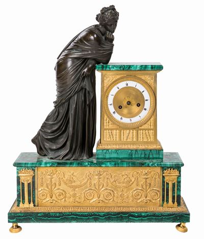 Grande Orologio da Camino in Bronzo Dorato e Malachite, XIX Secolo