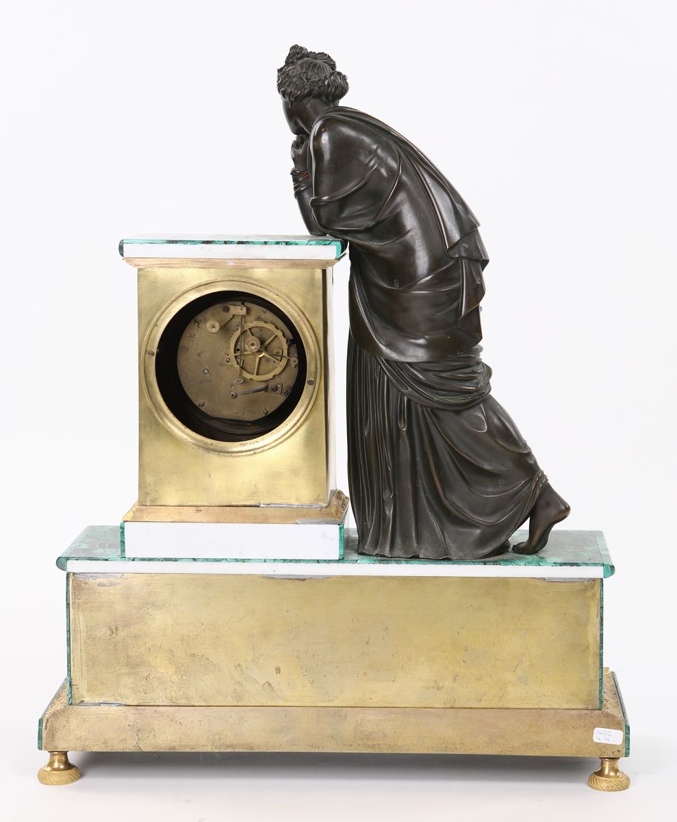 Grande Orologio da Camino in Bronzo Dorato e Malachite, XIX Secolo