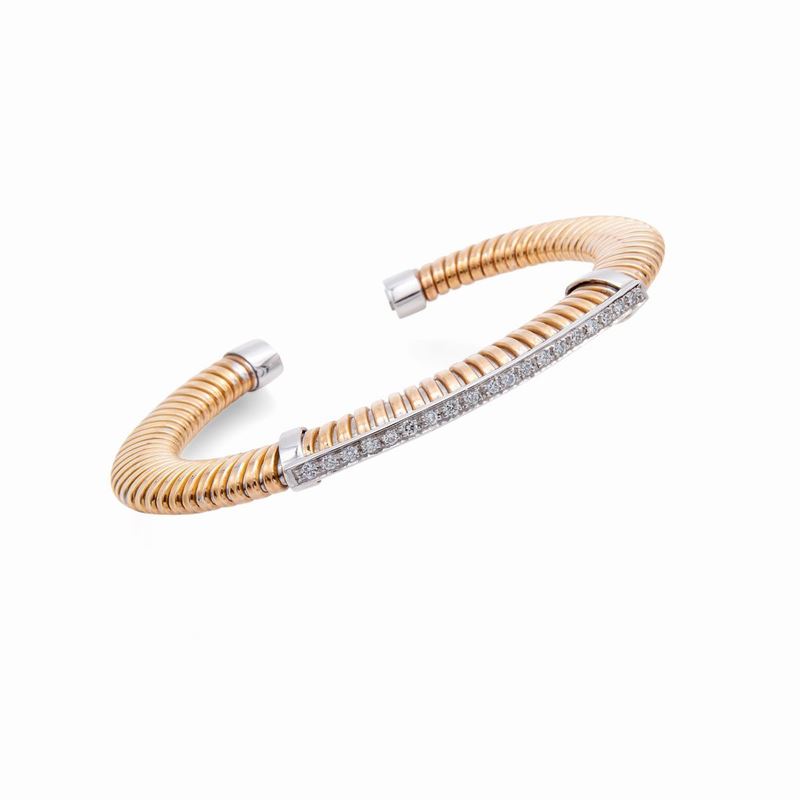 Bracciale Rigido a Maglia Tubogas in Oro Giallo e Bianco con Brillanti