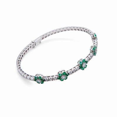 Bracciale Rigido in Oro Bianco, Brillanti e Smeraldi