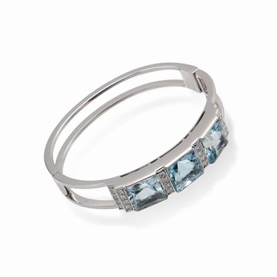 Bracciale Rigido in Oro, Acquemarine, Diamanti Taglio Princess