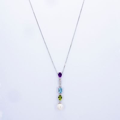 Pendente con Perla, Ametista, Acquamarina, Peridoto, Brillanti