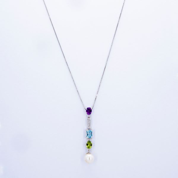 Pendente con perla, ametista, acquamarina, peridoto, brillanti