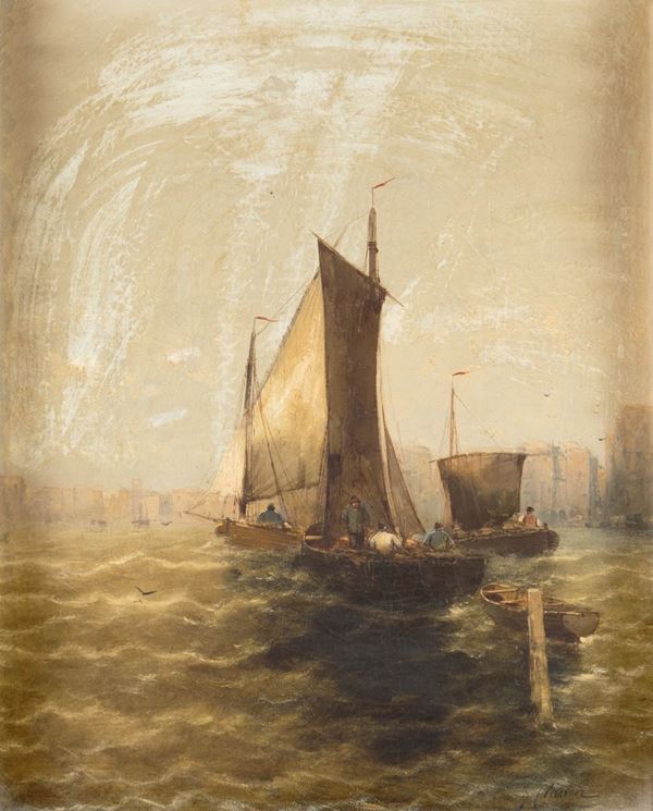 Pittore del XIX secolo - Barche in laguna
